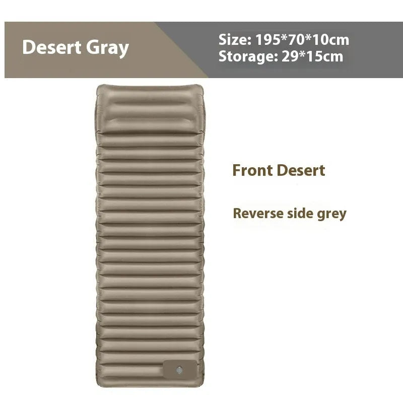 Single inflatable camping mattress in grey colours showing 195cm length and 70cm width dimensions