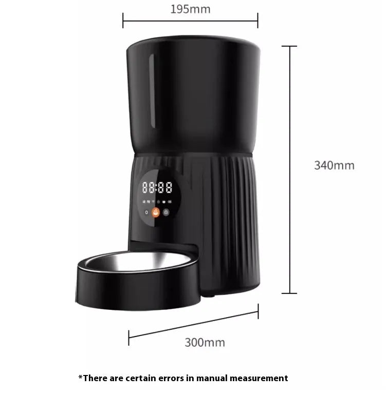Black and white automatic pet feeder with digital display and USB connection