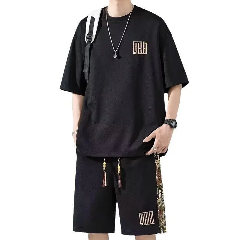 Waffle embroidery short sleeve two-piece set in apricot with matching shorts