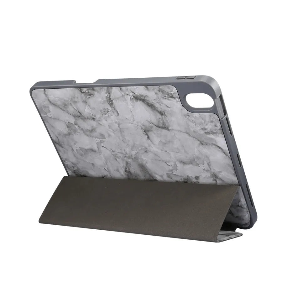 Tri-fold marbled imitation leather iPad case with a visible pen slot, shown in dark grey.