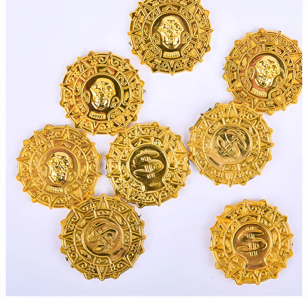 Plastic pirate gold coin toy with pointed design measuring 3.6cm diameter