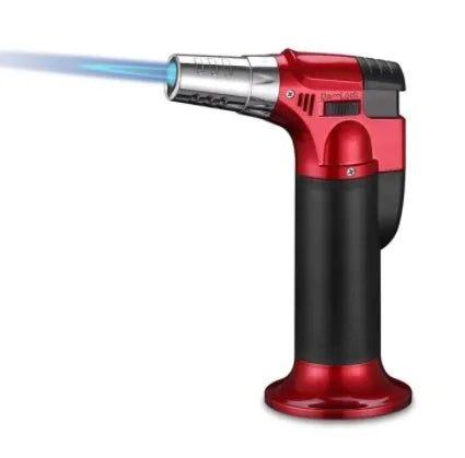 Portable straight cigar flame gun igniter in silver finish with 360° inverted ignition and butane fuel port