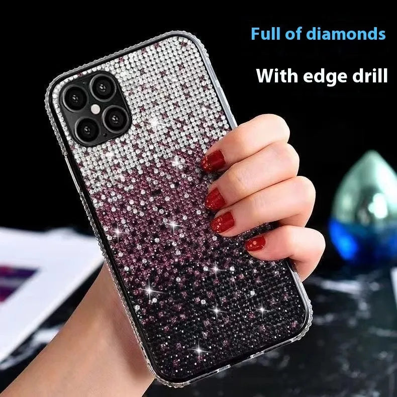 Gradient edge drill phone case for iPhone with rhinestones, anti-fall TPU PC back cover in coffee purple blue green