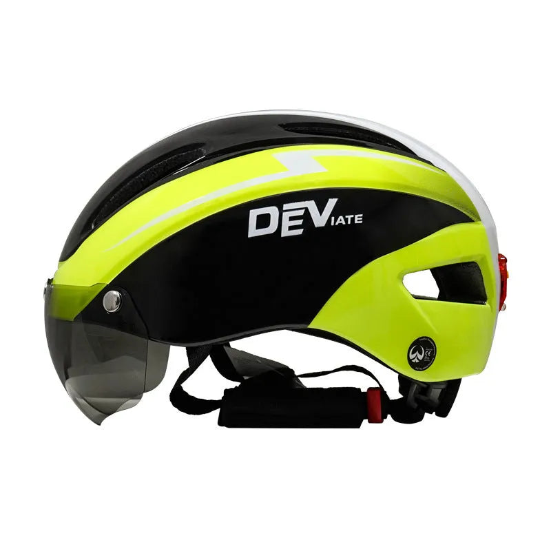 Adult cycling helmet with integrated red taillight on the back, shown in a blue, white, and black colour scheme.