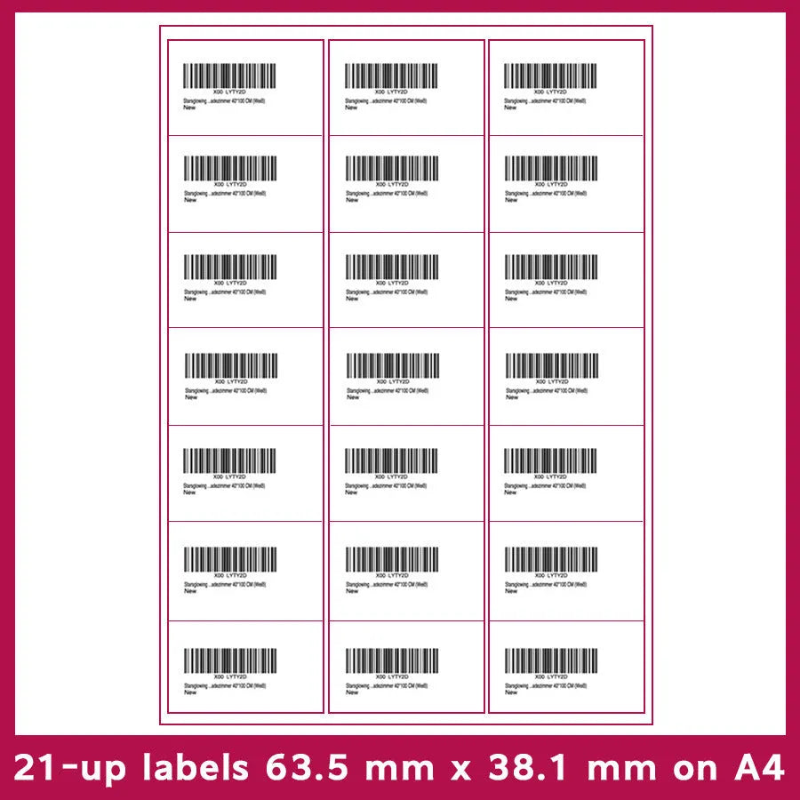 Pack of blank white A4 FBA label paper sheets showing different grid formats for barcodes.