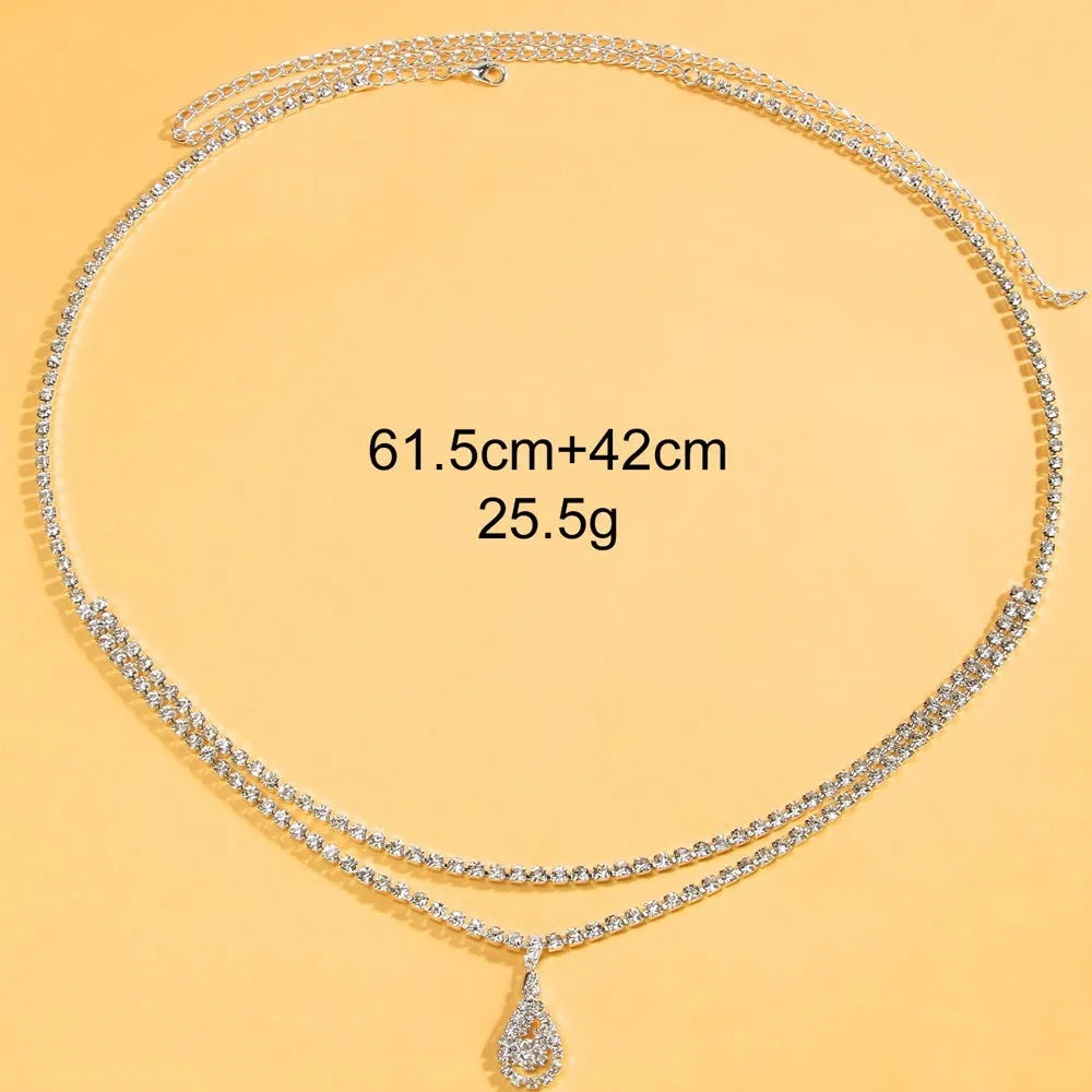 Gold water drop pendant waist chain with rhinestone decoration and lobster clasp