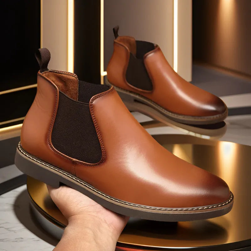 British style men's mid-calf boots in black with a flat square heel and leather toe holder.