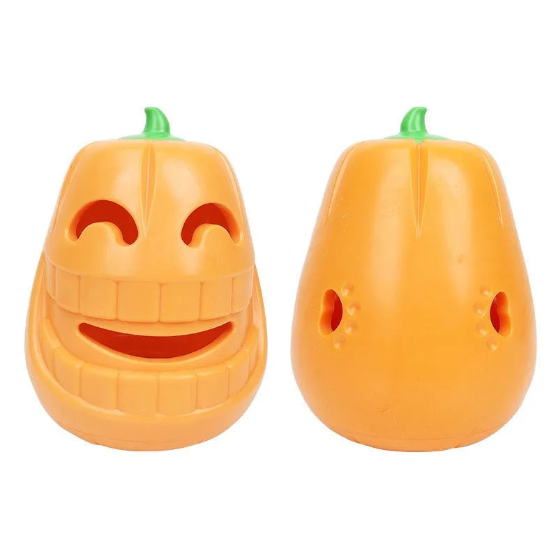 Halloween pumpkin shaped interactive dog chew toy with treat-dispensing funnel