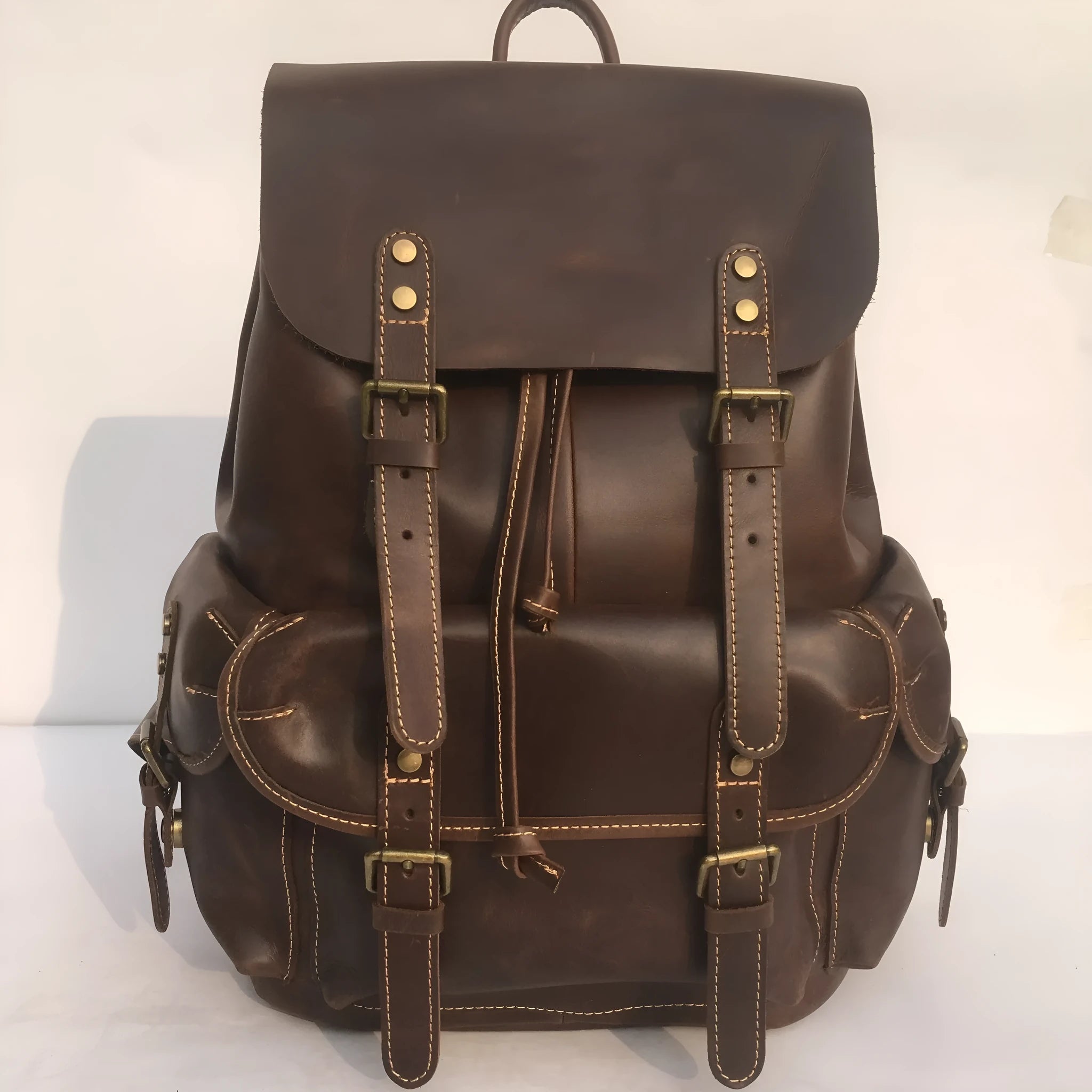Coffee brown genuine leather men's backpack with air pillow belt back support system