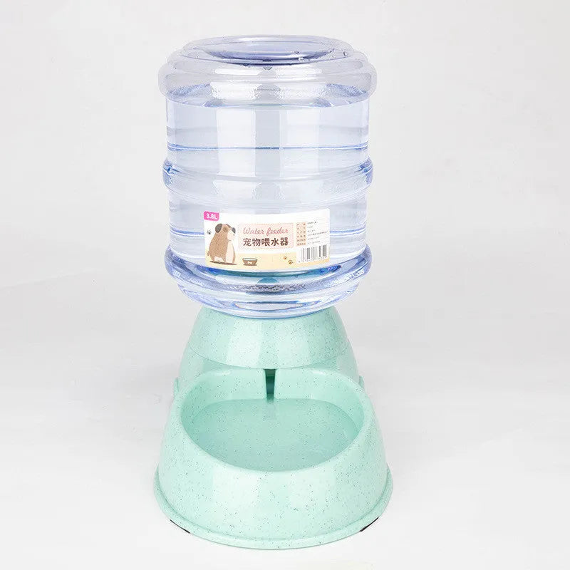 Plastic automatic pet feeder and drinker set with feeding trough and drinking trough in grey, blue, green, or pink