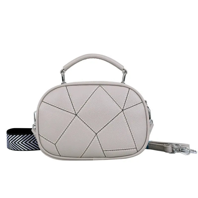 Round grey PU leather patchwork small bag with decorative stitching, shown next to a tape measure indicating 20x15 cm size.
