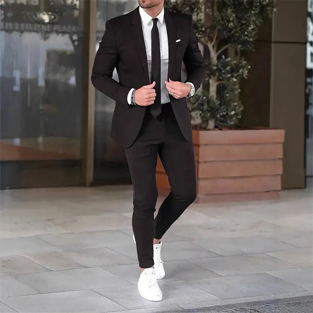 Two-piece slim-fit coat and trousers set in solid colours, polyester cotton blend, sizes M-4XL, spring light business style.