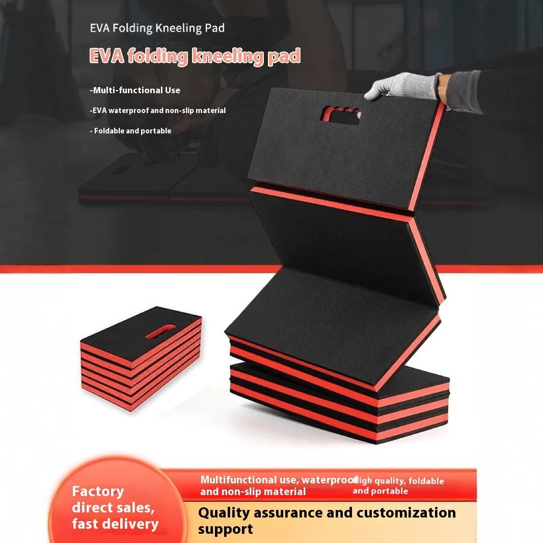 Folding EVA kneeling mat for car repair work with dimensions 116x40x2.5cm shown open and folded
