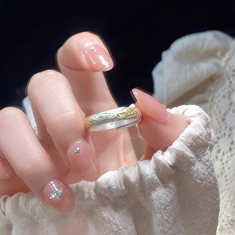 Open mouth ring with J14 Xiangyun pattern in electroplated silver and gold finish on white copper
