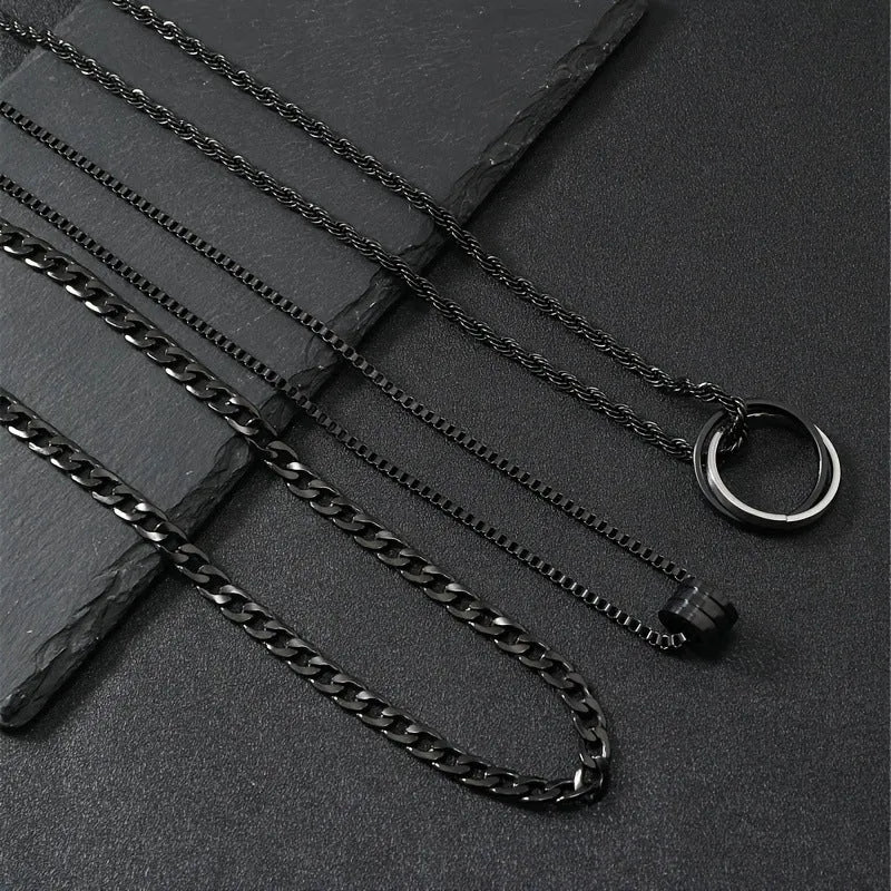 Black titanium steel necklace with cylindrical ring buckle pendant on stainless steel chain