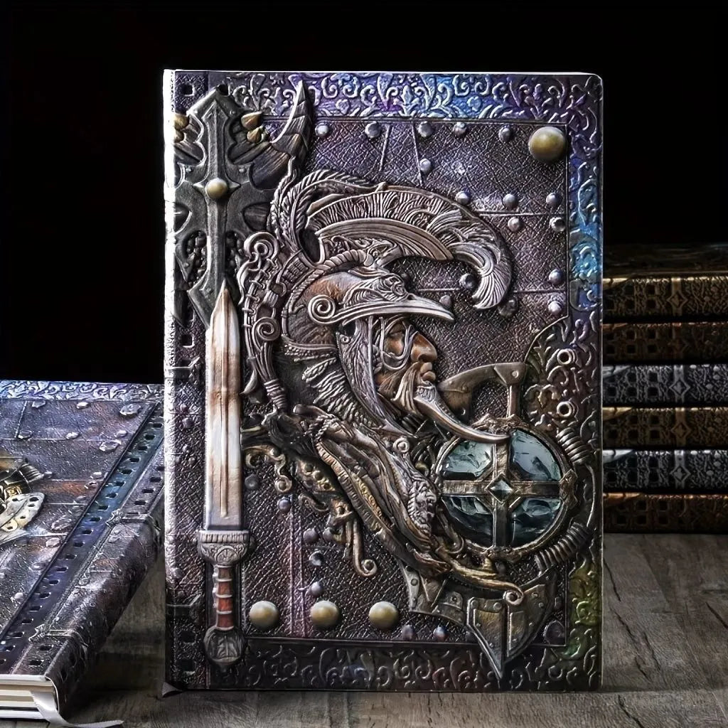A5 leather notebook with embossed 3D warriors relief design on the cover, shown in bronze colour.