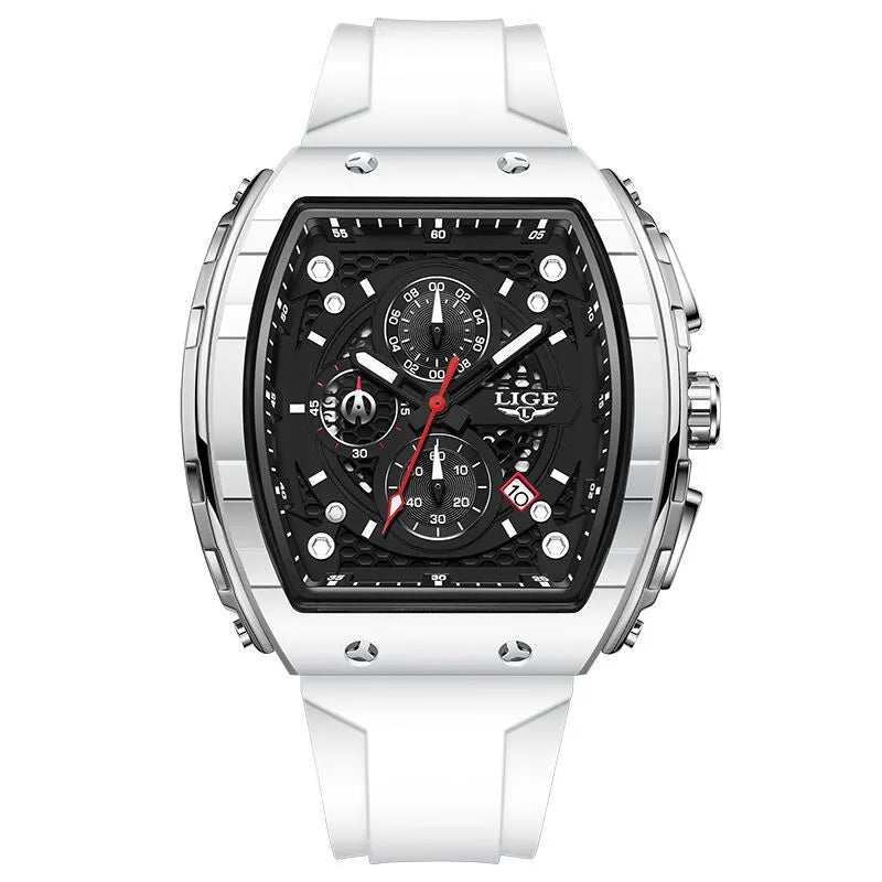 Men's sports quartz watch with large 50mm dial, luminous display, and waterproof build in all black colour