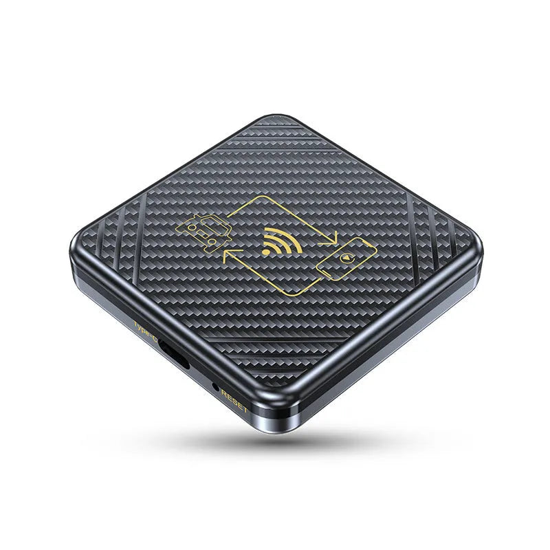Wireless CarPlay and Android Auto adapter box in gold or white with USB connection