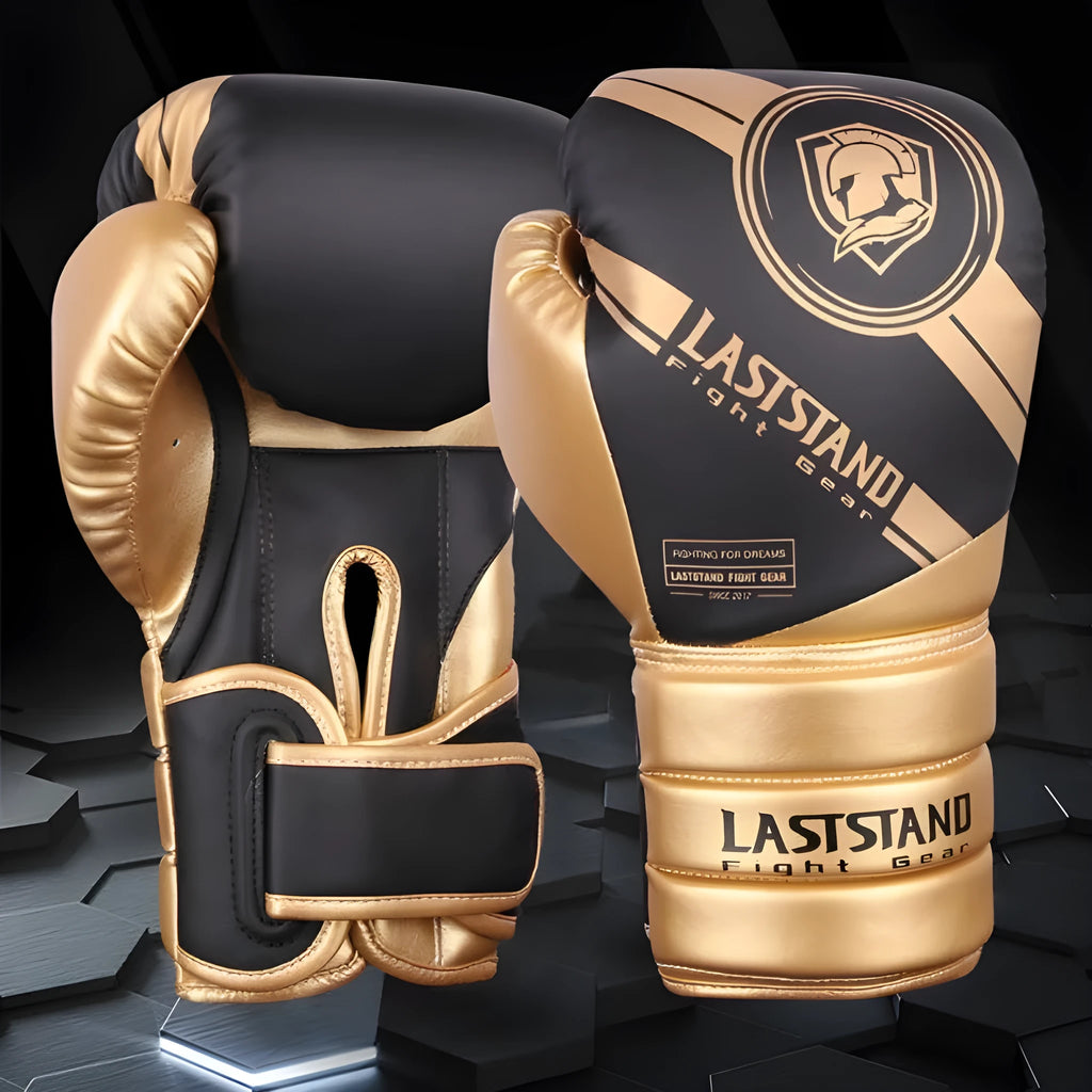 A pair of professional PU leather boxing gloves for Sanda training, shown in black and silver colour.