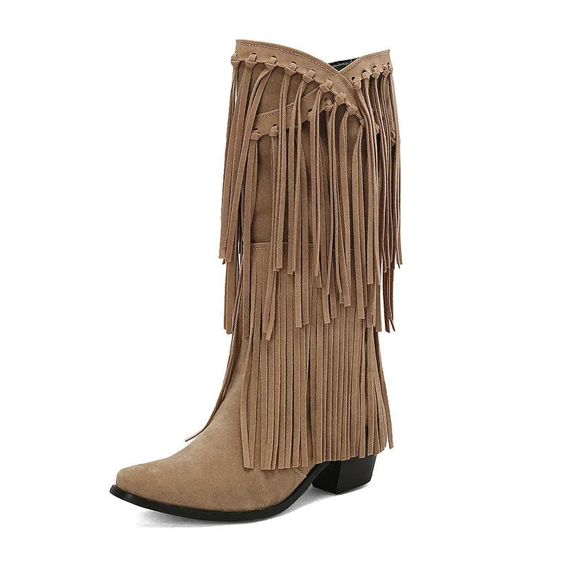 Women's suede mid-calf boots with tassel detailing, chunky heel, and square toe in multiple colours