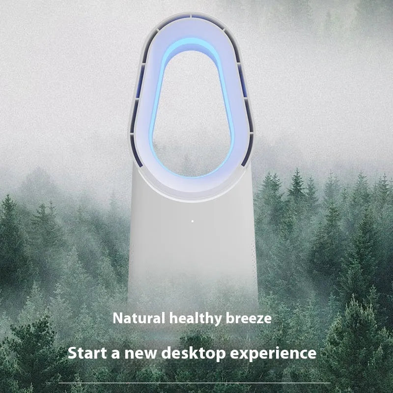 White bladeless tower floor fan with remote control and touch screen display on a wooden floor.