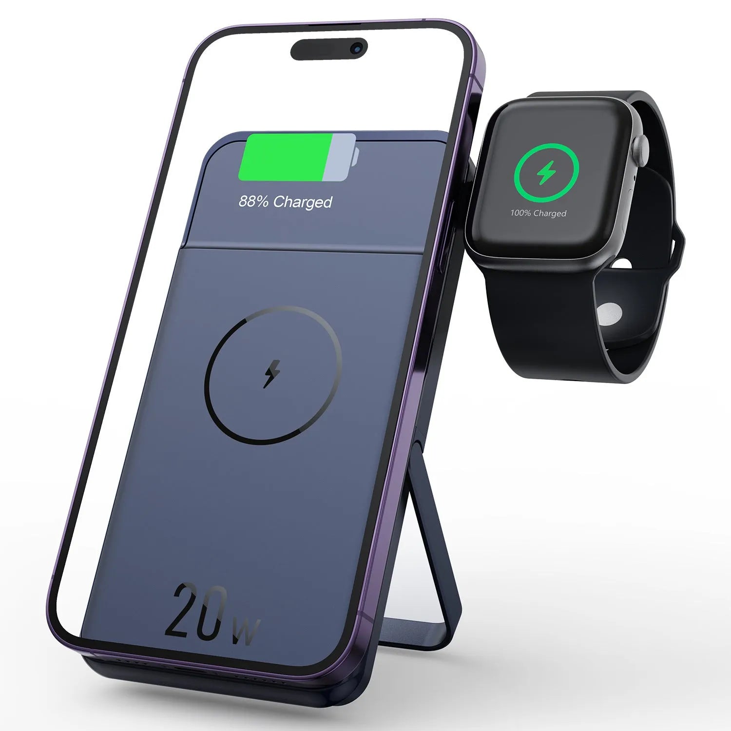 Black magnetic wireless power bank with bracket, 10000mAh capacity, industrial design