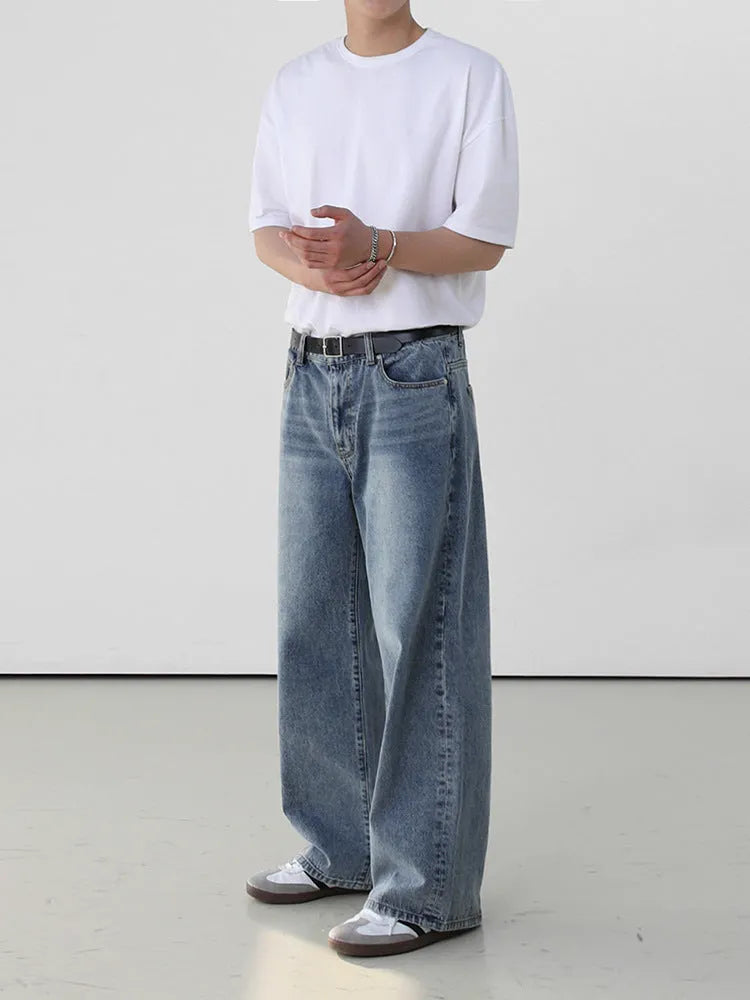 Men's retro washed blue jeans, cotton mid waist trousers, casual leisure pants, sizes M to 2XL