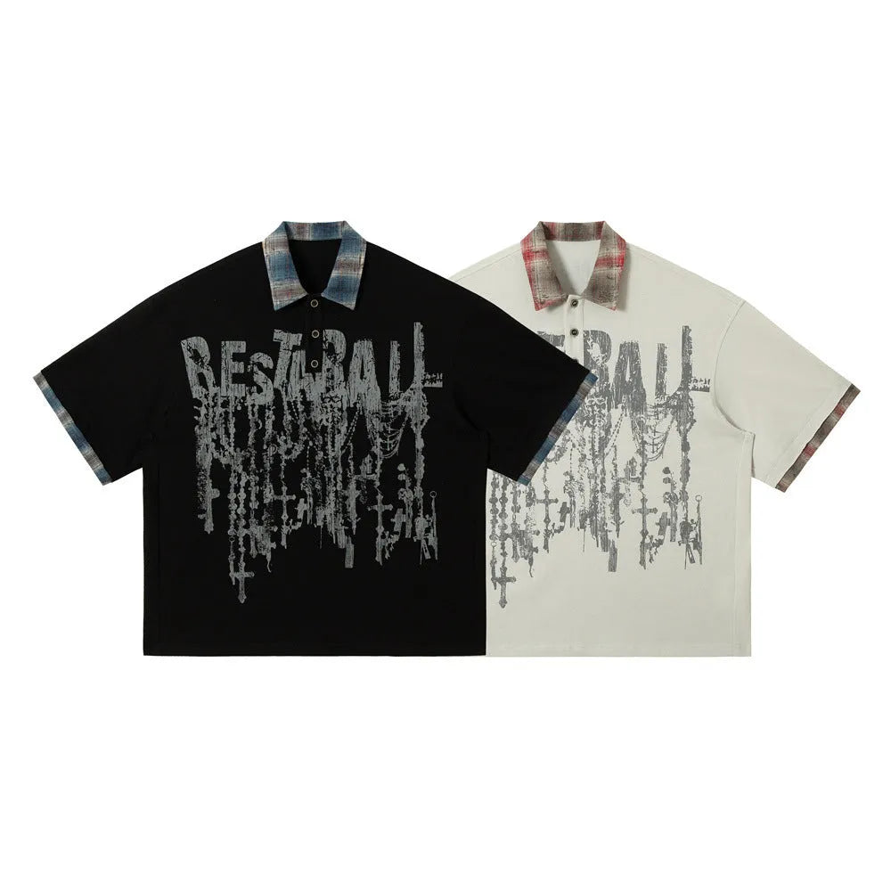 Men's loose fit asymmetric short-sleeved cotton top with graffiti printing on the lapel.
