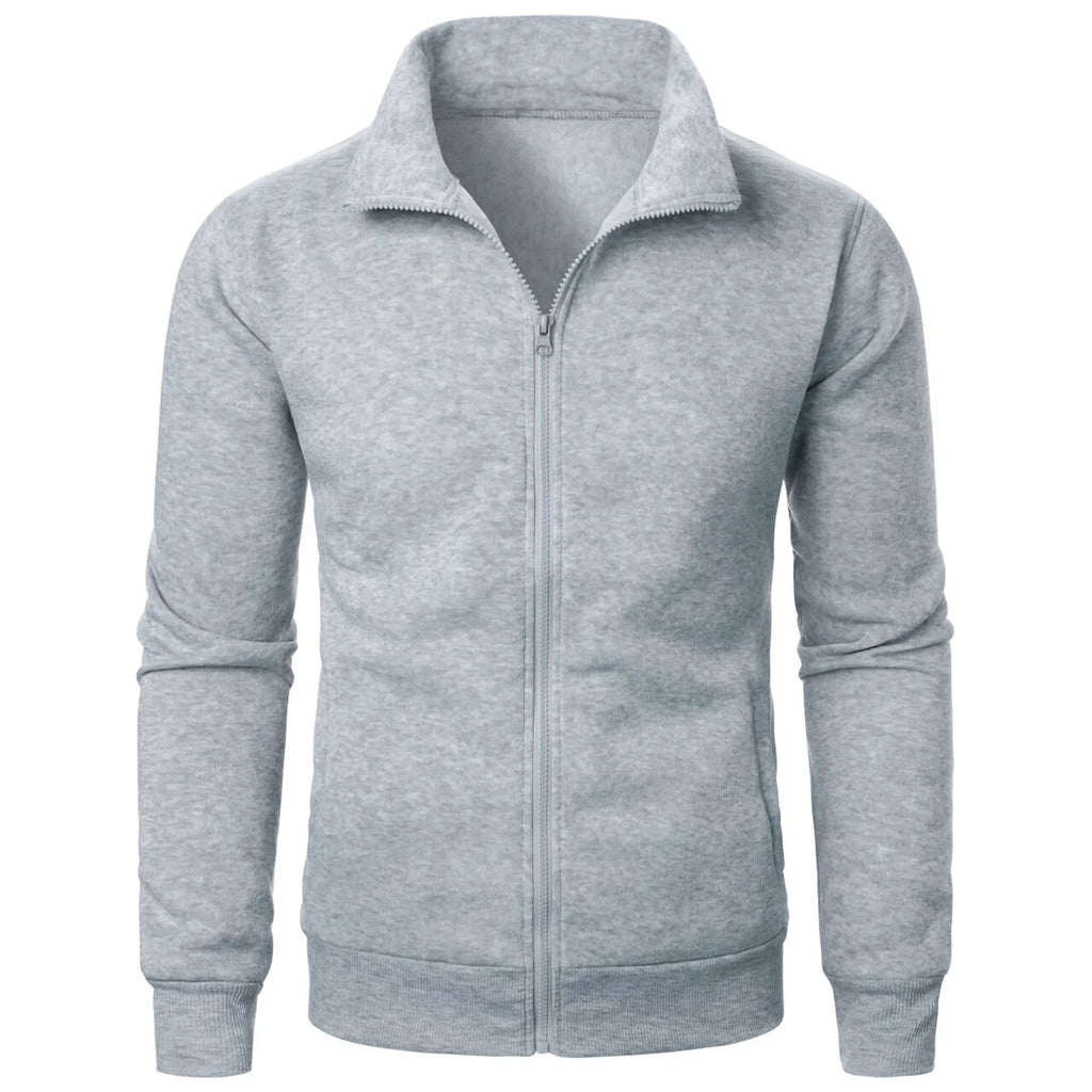 Men's black stand collar fleece-lined zipper cardigan with threaded cuffs, slim fit, long sleeves, winter sweatshirt style