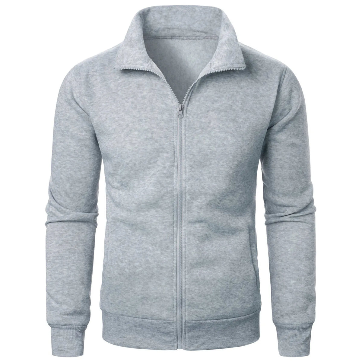 Men's black stand collar fleece-lined zipper cardigan with threaded cuffs, slim fit, long sleeves, winter sweatshirt style