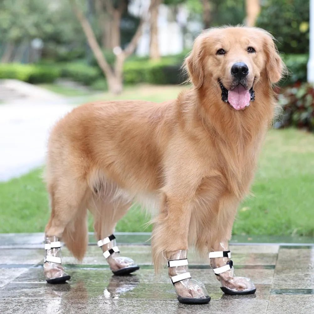 Waterproof black PVC pet shoes for large dogs with non-slip sole for outdoor rain walks