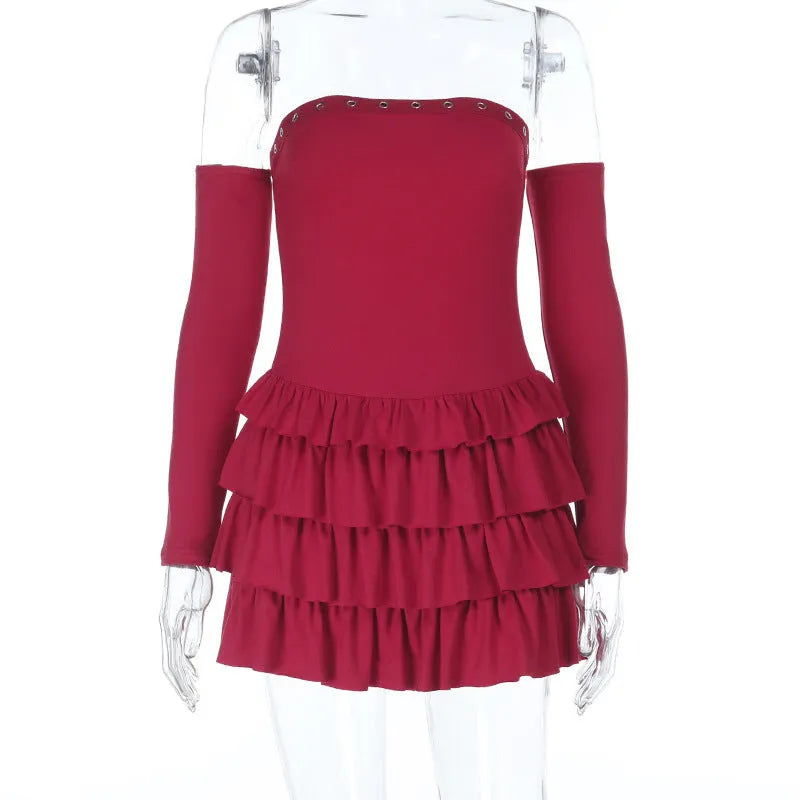 One-shoulder long-sleeved bustier pencil dress in burgundy or black, low waist, short skirt, sizes S M L