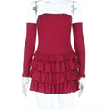 One-shoulder long-sleeved bustier pencil dress in burgundy or black, low waist, short skirt, sizes S M L