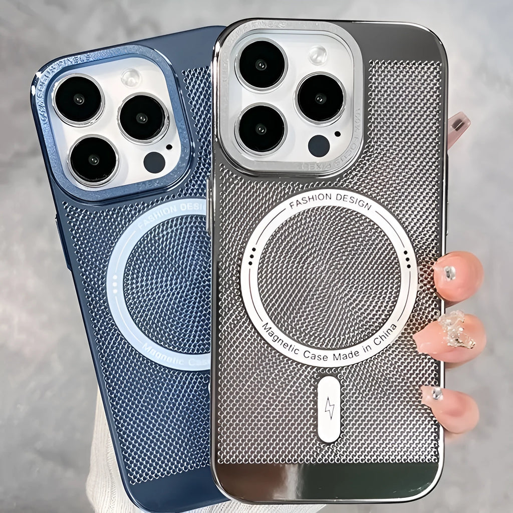 Electroplating magnetic phone case for iPhone models showing heat dissipation design and colour options