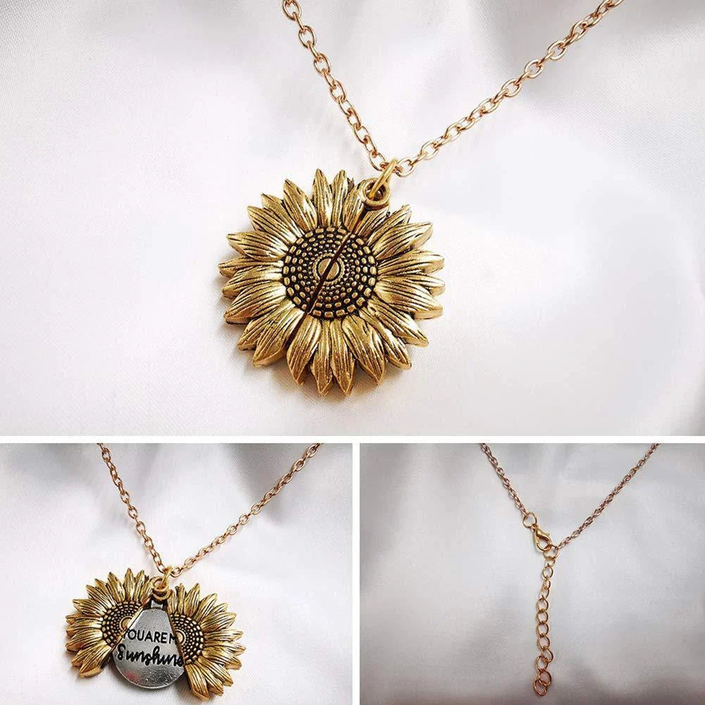 A stunning sunflower pendant necklace with an adjustable chain in various fashionable colors