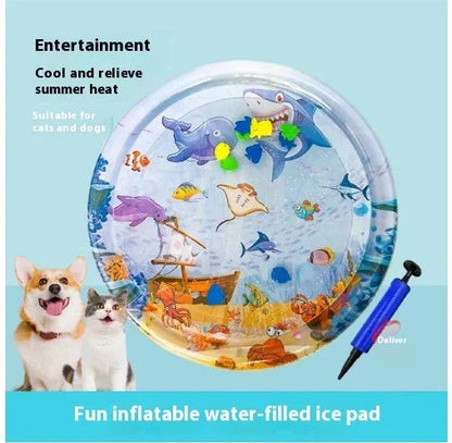 Cooling Pet Water Bed with fish-themed design, providing refreshing comfort for cats and dogs