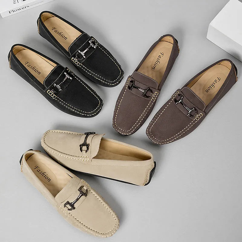 Men's brown casual leather shoes with round toe and rubber sole on a neutral background