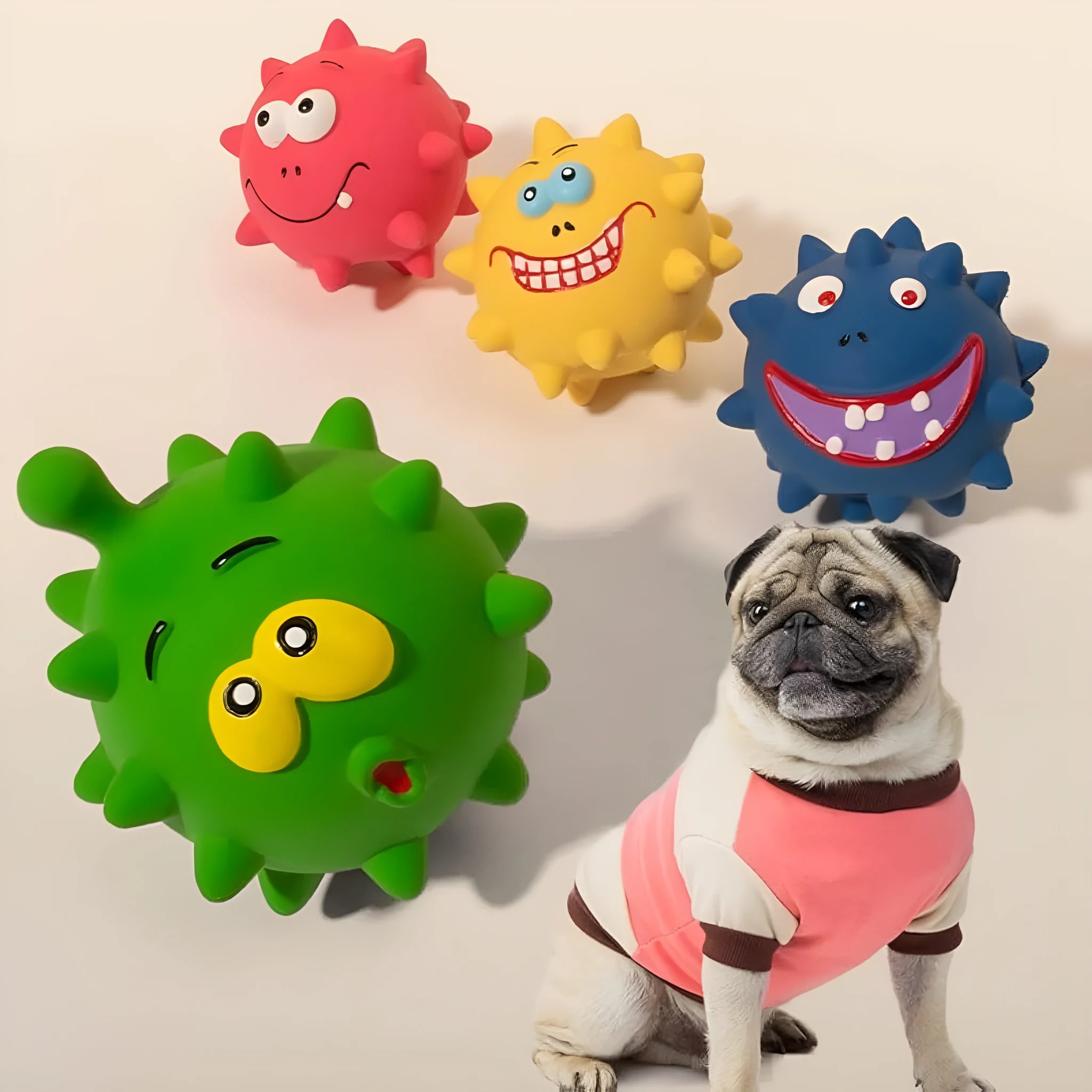 Four colourful natural latex dog squeaky balls with textured surfaces and cute faces