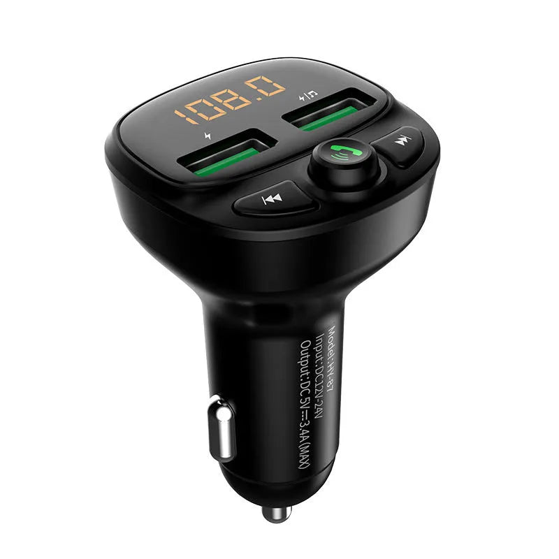 Car Bluetooth 5.0 FM transmitter with 1.1 inch LED screen and QC3.0 charging, powered by 12V-24V cigarette lighter