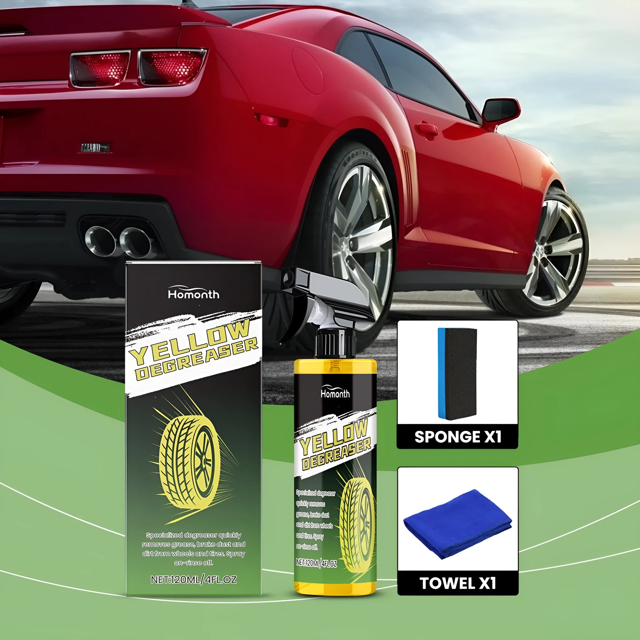 Car wheel cleaner 120ml bottle with sponge and square towel for removing rust and stains from steel rings and alloy rims