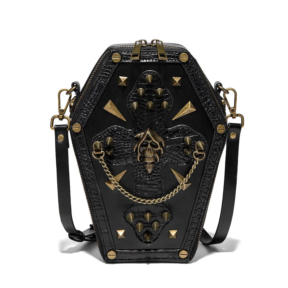 Men's black Halloween-embossed PU leather crossbody bag with three-dimensional pockets