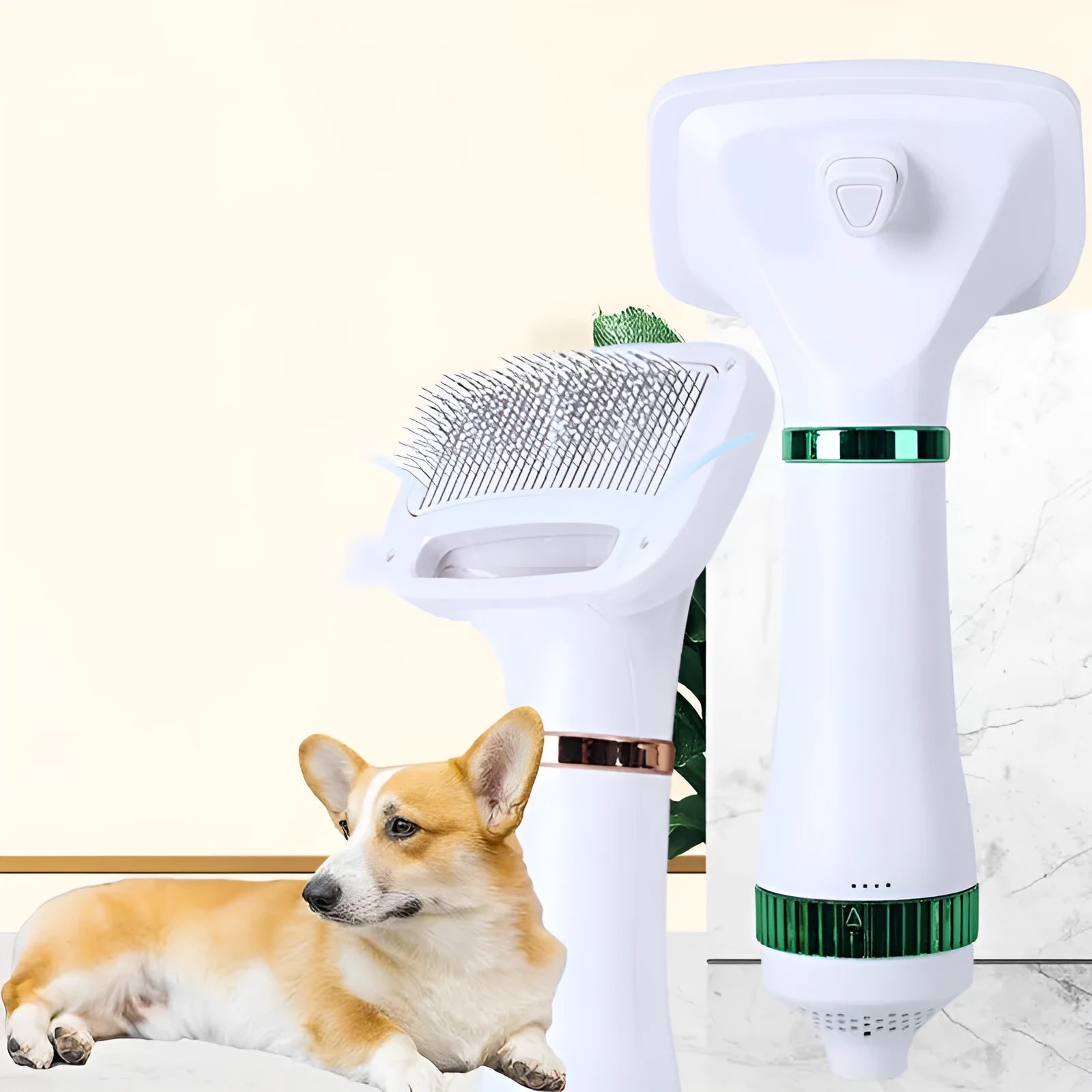 Second generation pet hair dryer with integrated comb in platinum or white/green colour options