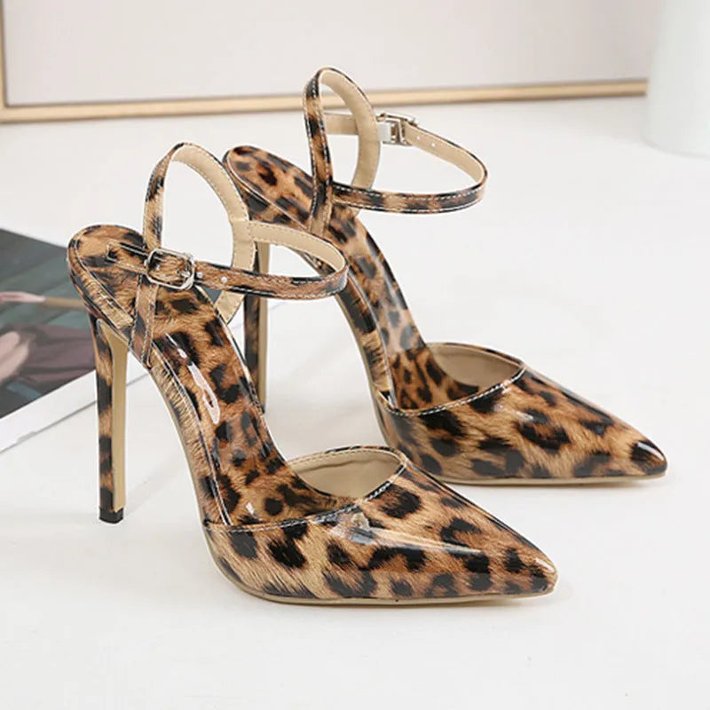 Light brown leopard print stiletto high heels with pointed toe, shallow mouth cut and buckle fastening, sizes 35-42