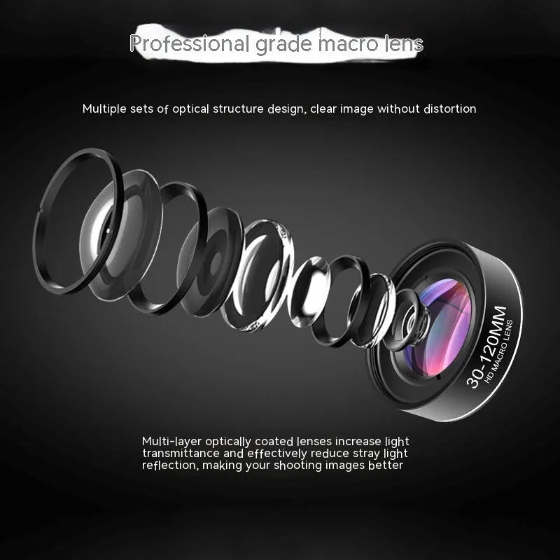 Mobile phone rear macro lens with optical glass and universal clip set on white background