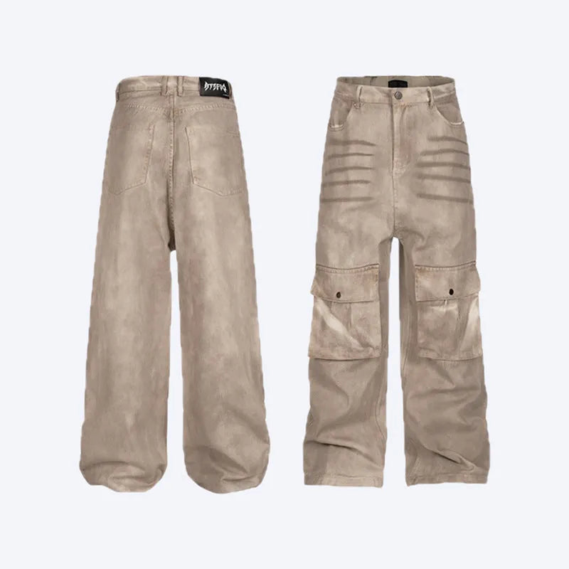 Marble dark straight loose A-line cotton denim trousers for teenage leisure wear