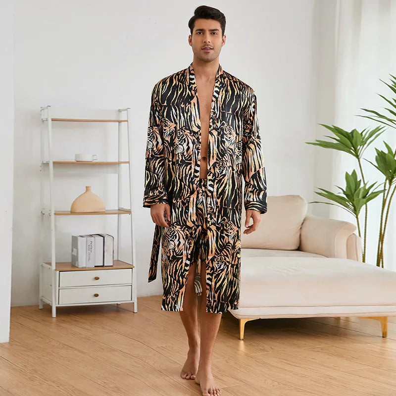 Men's tiger pattern rayon bathrobe set with long sleeves and matching shorts
