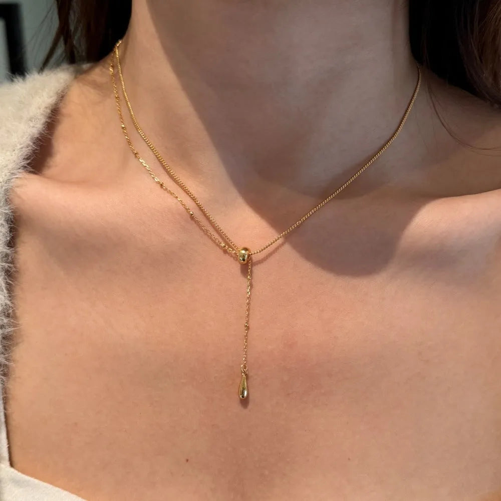 925 sterling silver women's clavicle chain necklace with double-layer stitching and water droplet pendant in gold finish