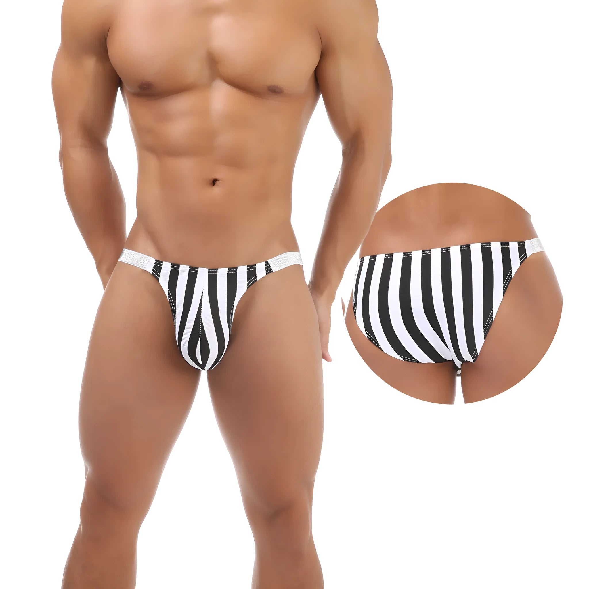 Men's shiny nylon briefs with black and white zebra stripe pattern showing low waist design