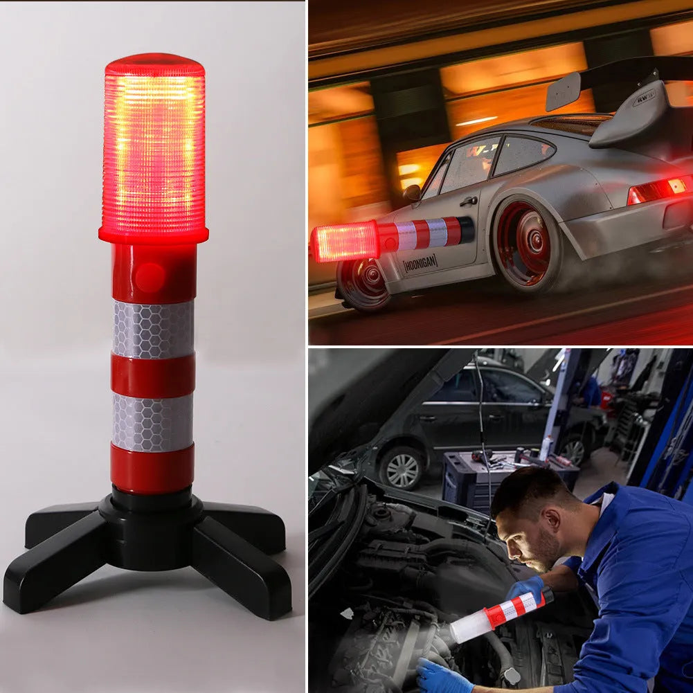 Two magnetic base emergency LED flares 17.5cm with suction magnet and plastic suitcase