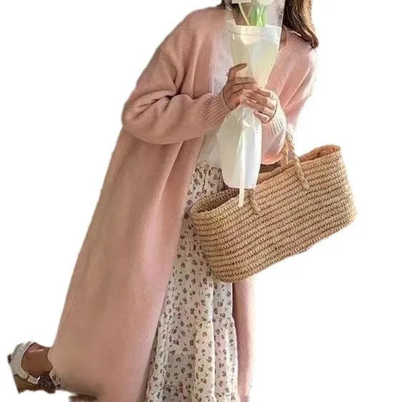 Women's loose fit V-neck knitted cardigan in khaki, mid-length at 65cm with long sleeves.